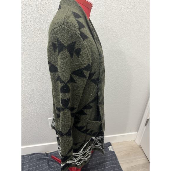 Frye Aztec Frye Cardigan Olive Green Black Open Front Knit Duster Sweater - Picture 4 of 8